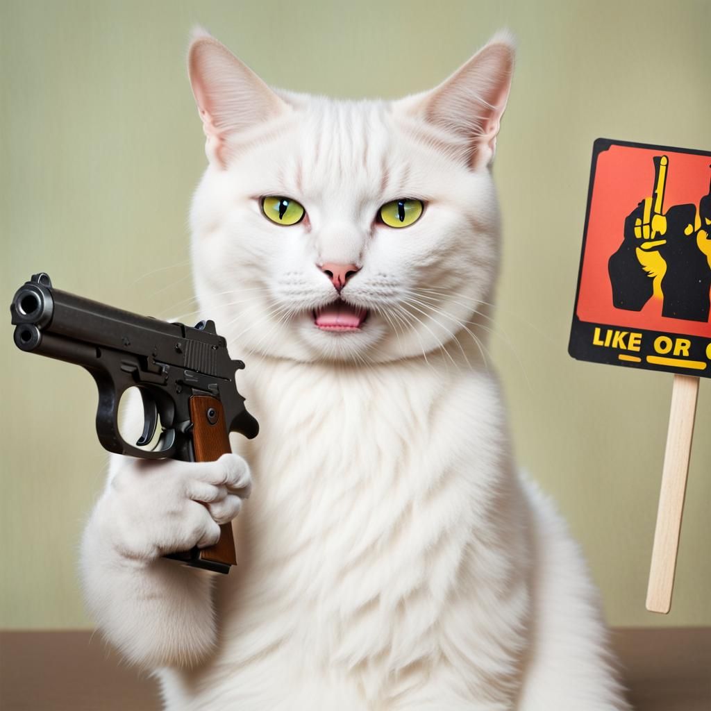 Smug Cat Demands Likes with Gun