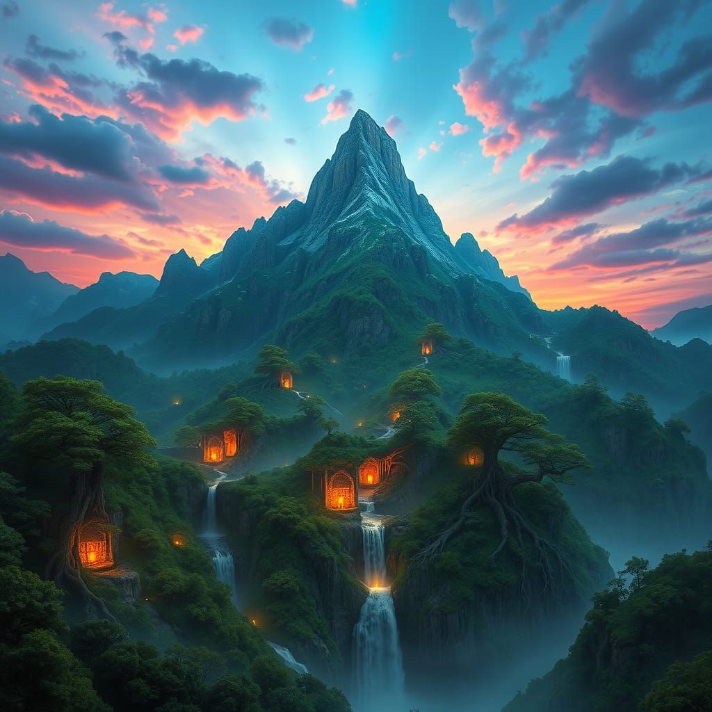 Ethereal Cat-Shaped Mountain Range in Vibrant, Gradient Sky