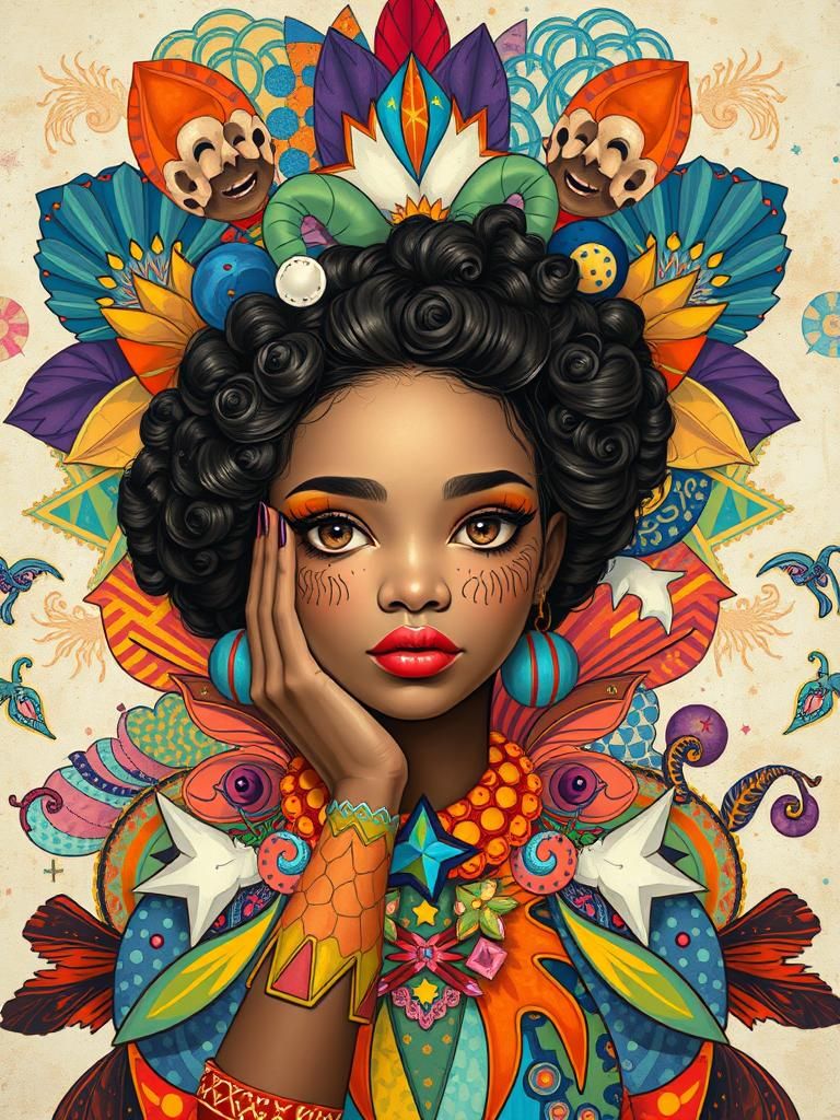 Vibrant Jester Woman in Pop Surrealist Style