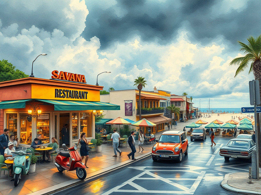 Lively Port Town Restaurant: Watercolor Manga Painting