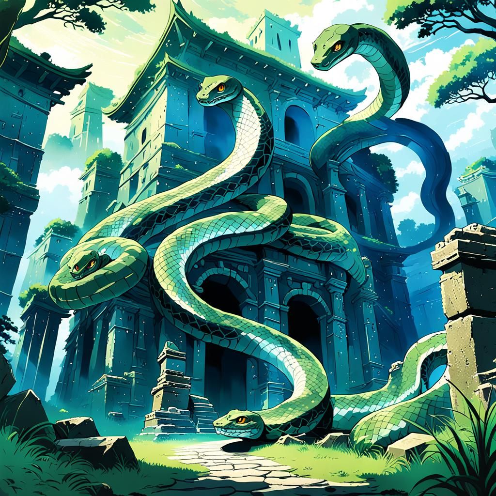 Mitgard Serpent Coils Around Ancient Ruins: Anime Style