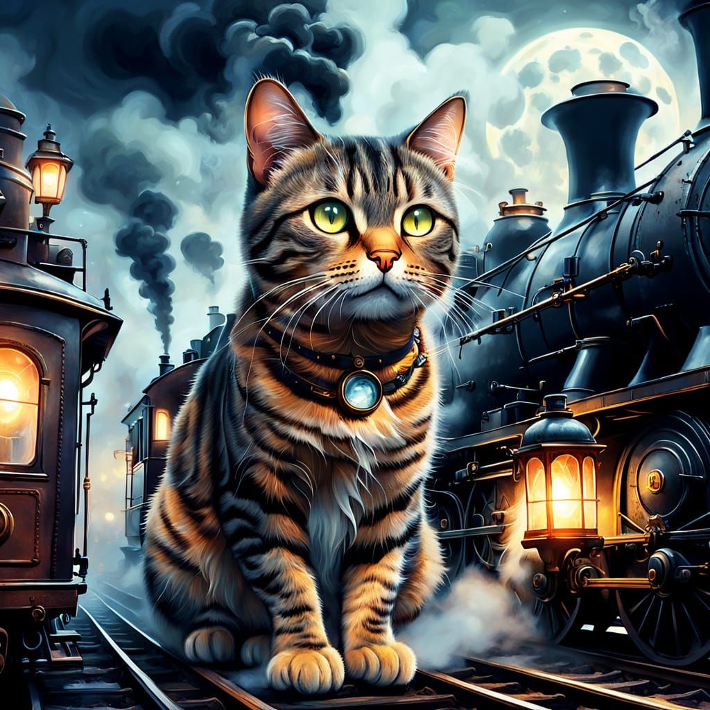 Tabby Cat on Ghost Train in Steampunk Style