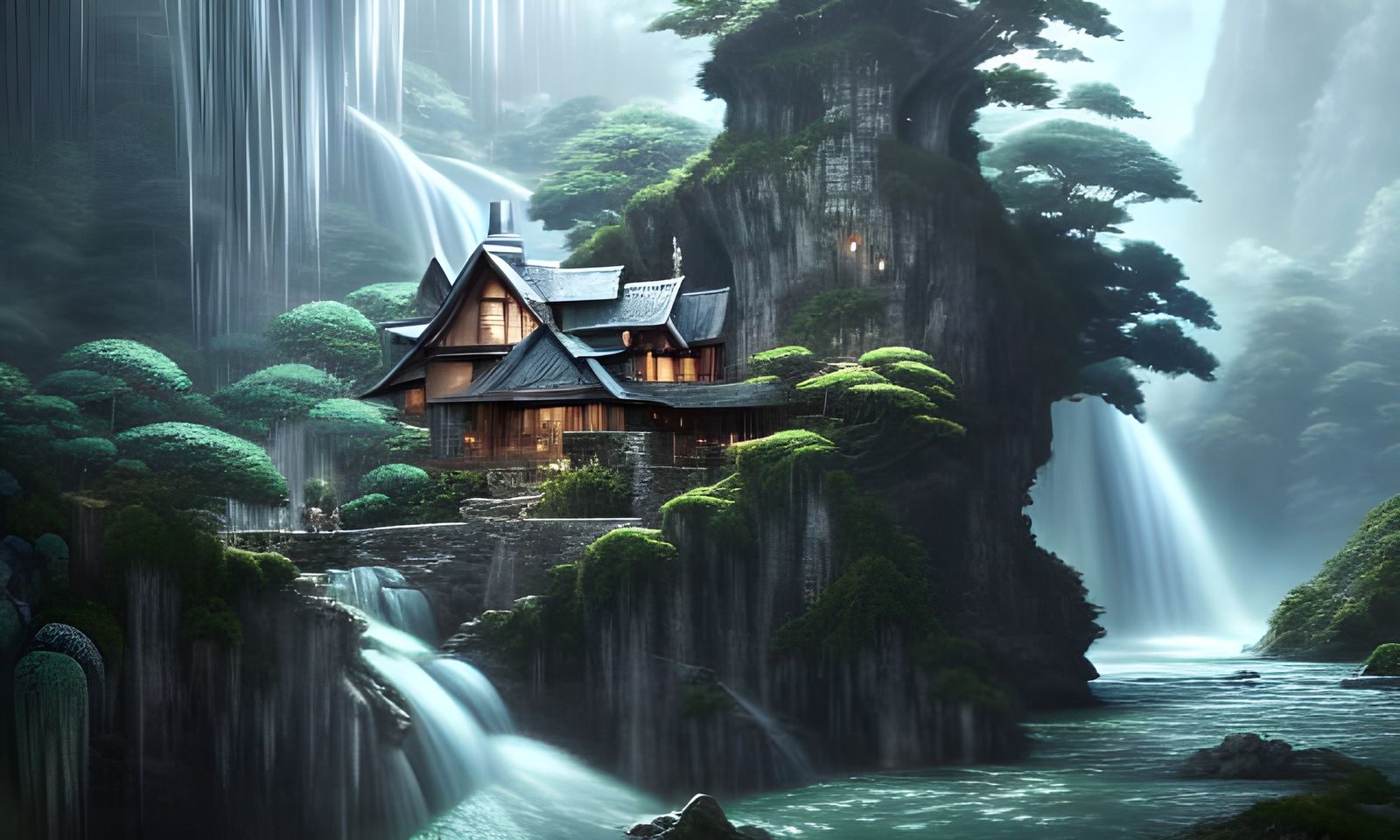 Hyperrealistic Waterfall House, Cel-Shaded Digital Art