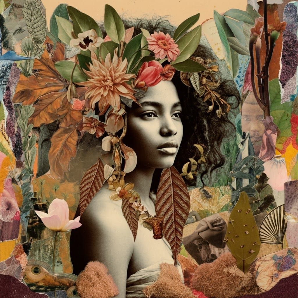 Surreal Woman in Botanical Collage Environment
