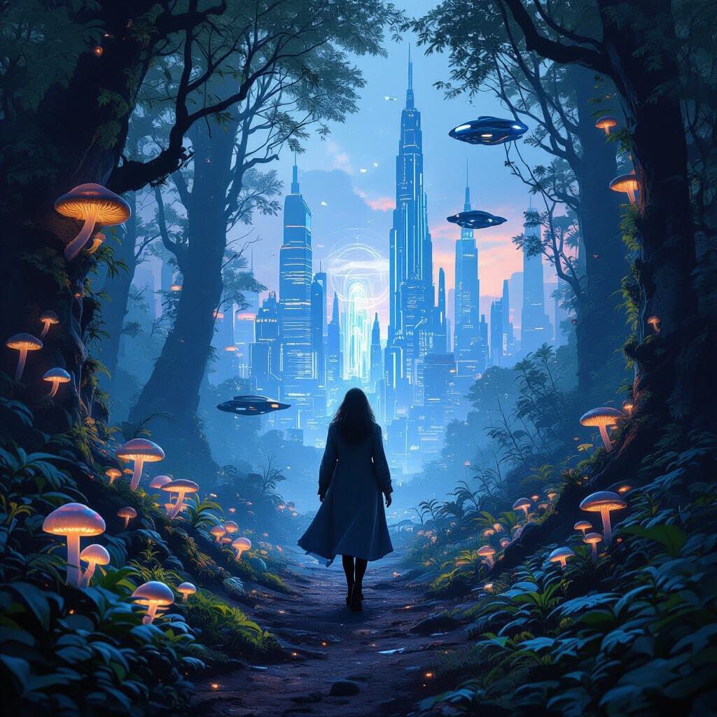 Bioluminescent Forest Portal to Futuristic Cityscape