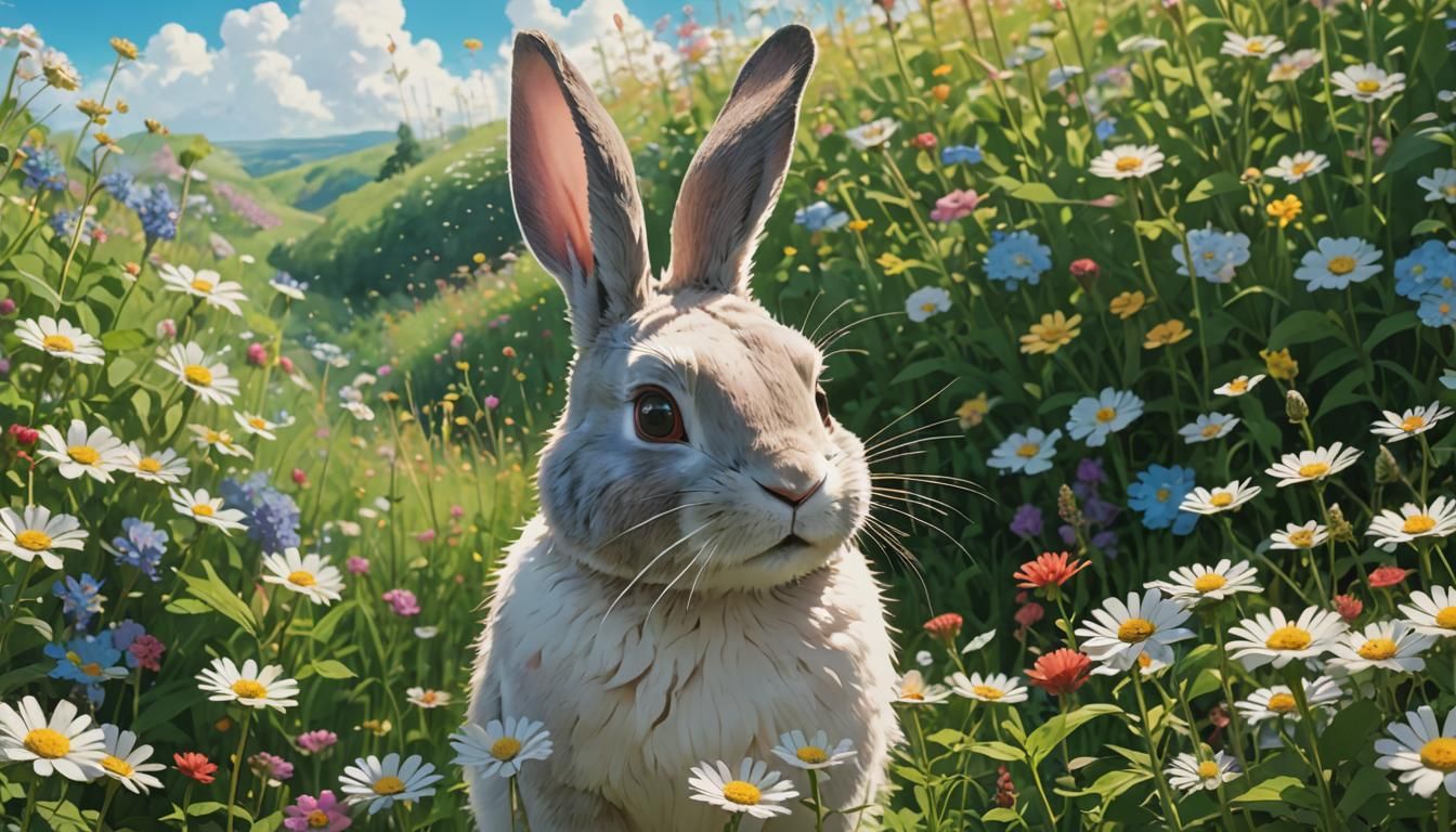 Rabbit in Meadow, Studio Ghibli Anime Style