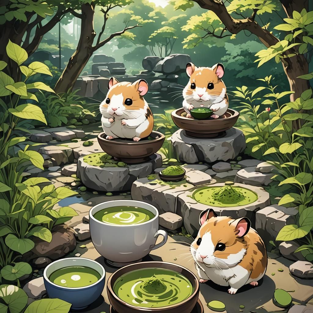 Japanese Garden Matcha Tea Hamster in Anime Style