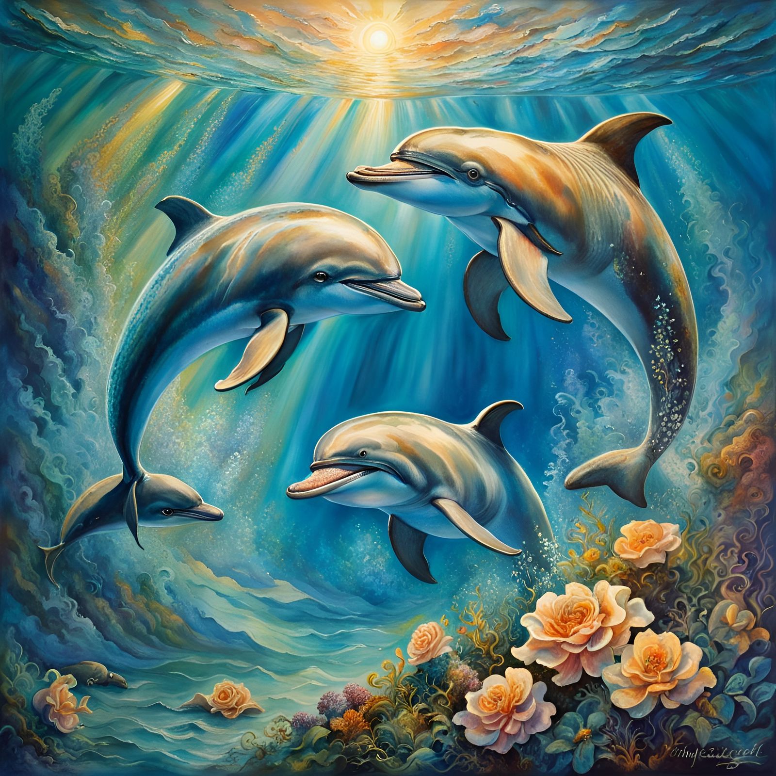 Dolphins at Play: Watercolor Ocean Scene