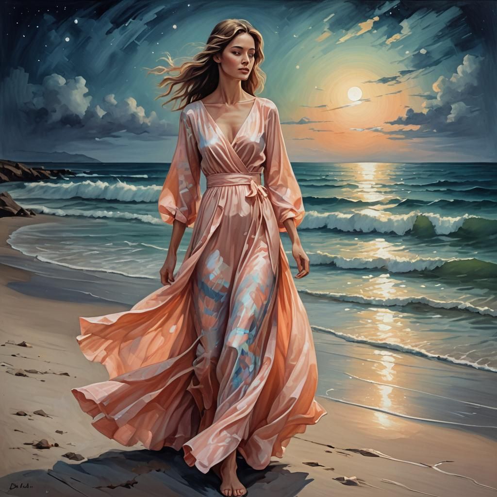 Woman in Flowing Dress on Beach in Oil Painting Style