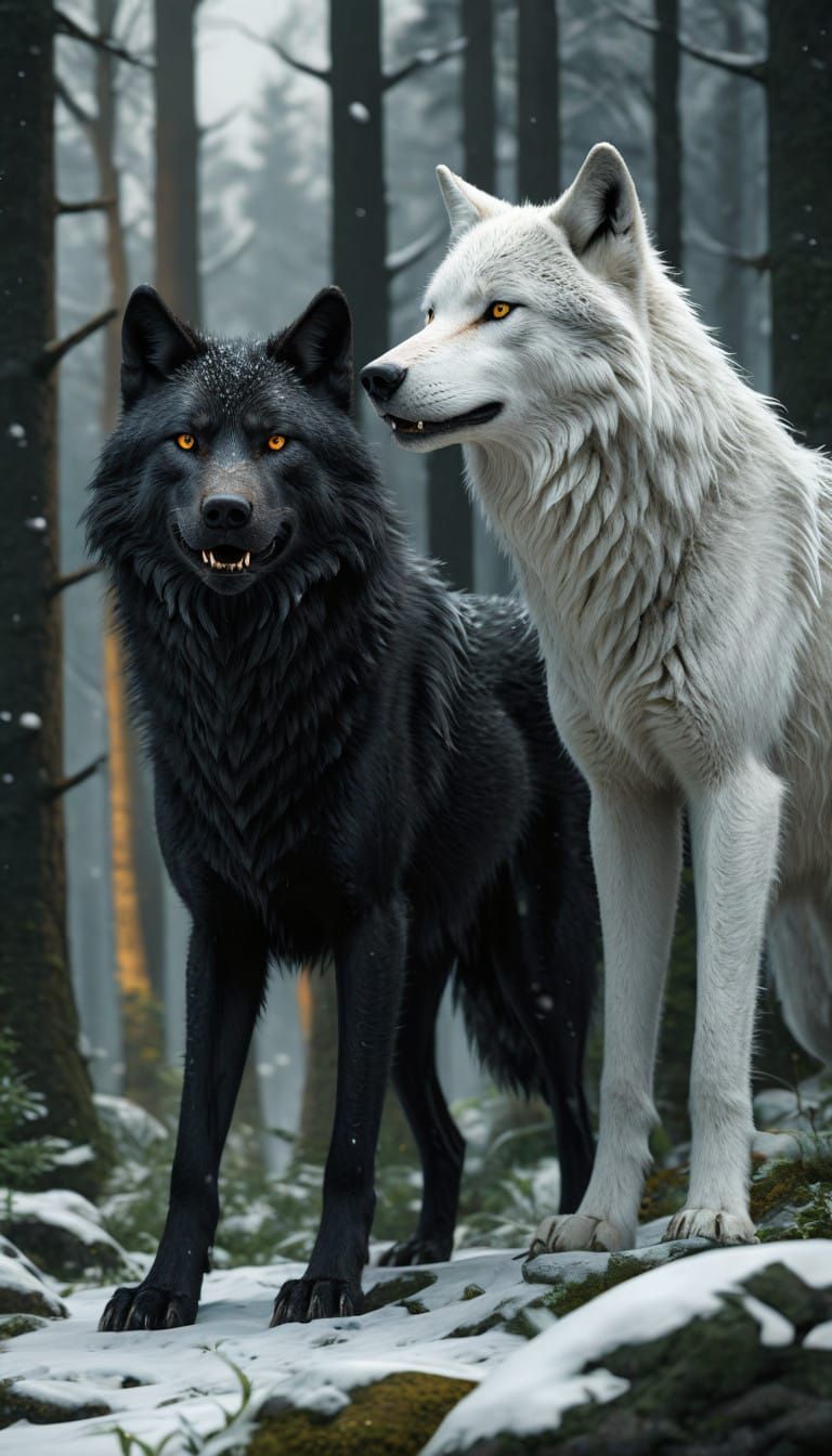 Romantic Encounter of Black and White Wolves in a Snowy Fore...