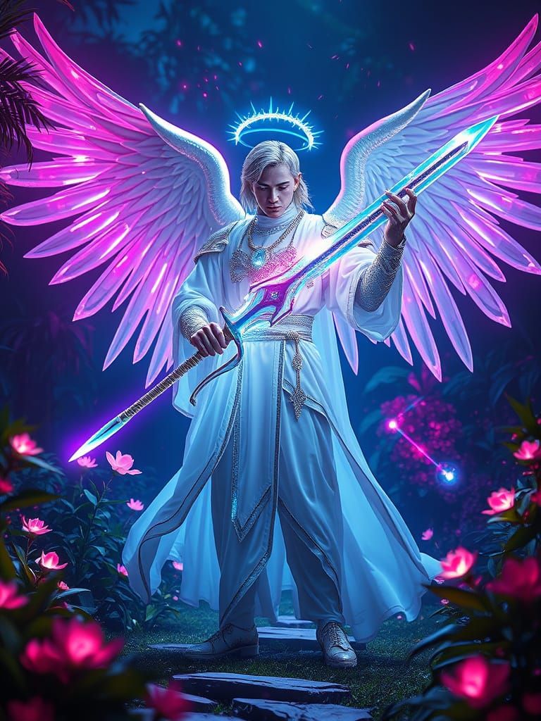 Neon Archangel in Bioluminescent Garden, Hyperdynamic Scene