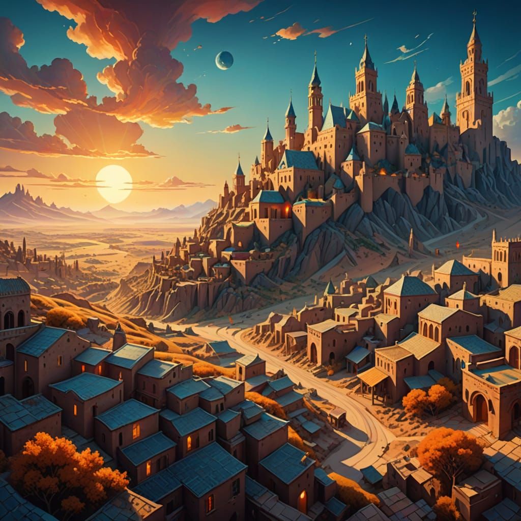 Vibrant Desert Fantasy Town with Ancient Temples and Books
