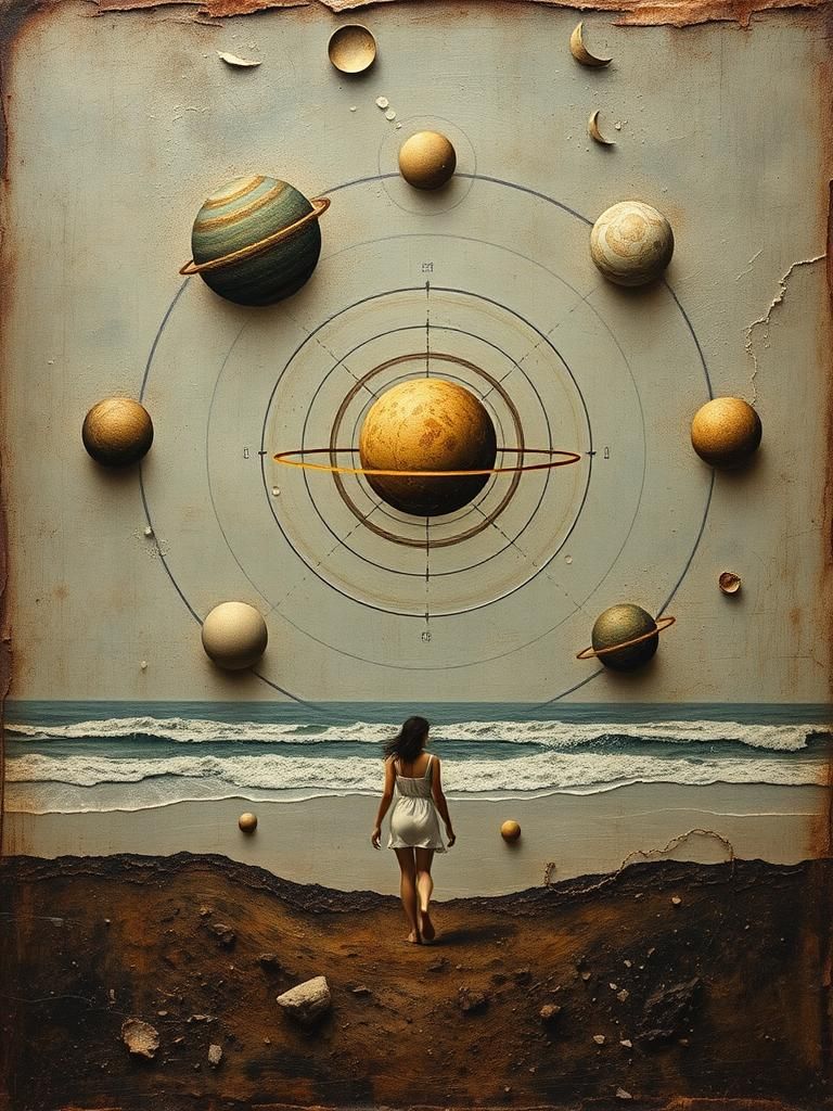 Surreal Harmony of Spheres: Oil Painting on Leather