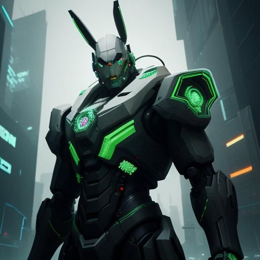 Cyberpunk Rabbit in Matrix Code Cityscape