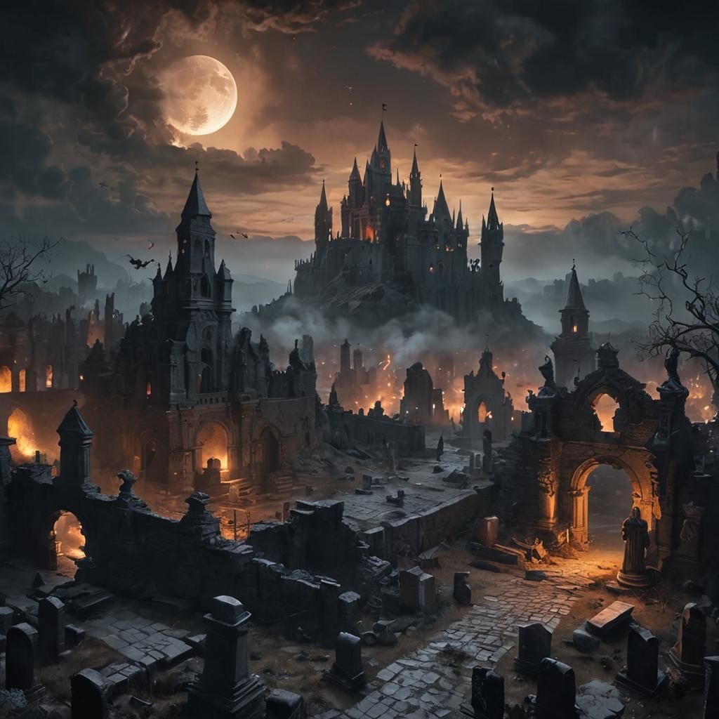 Sinister Ruined Castle with Crying Angels