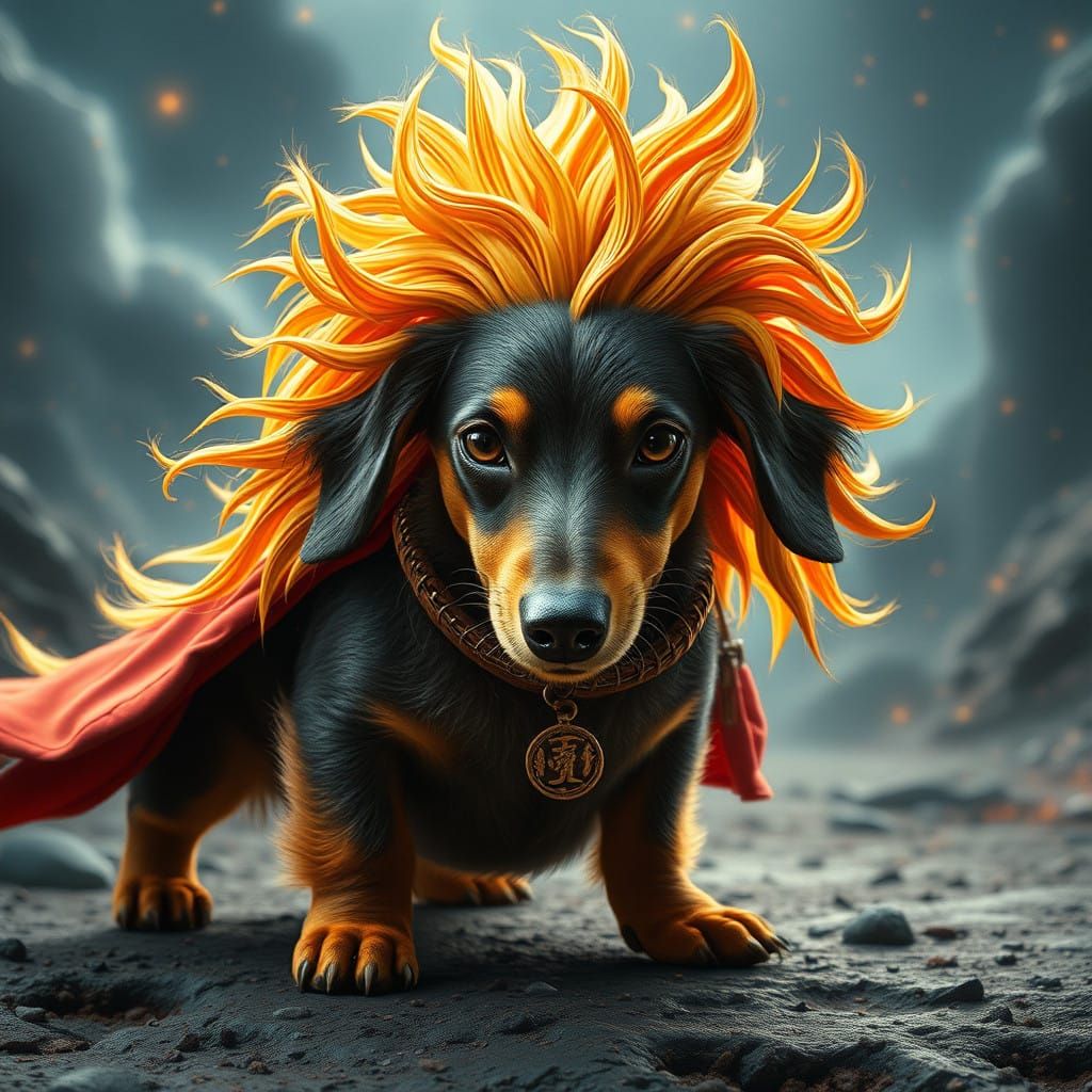 Magnificent Super Saiyan Dachshund in Epic Cinematic Style