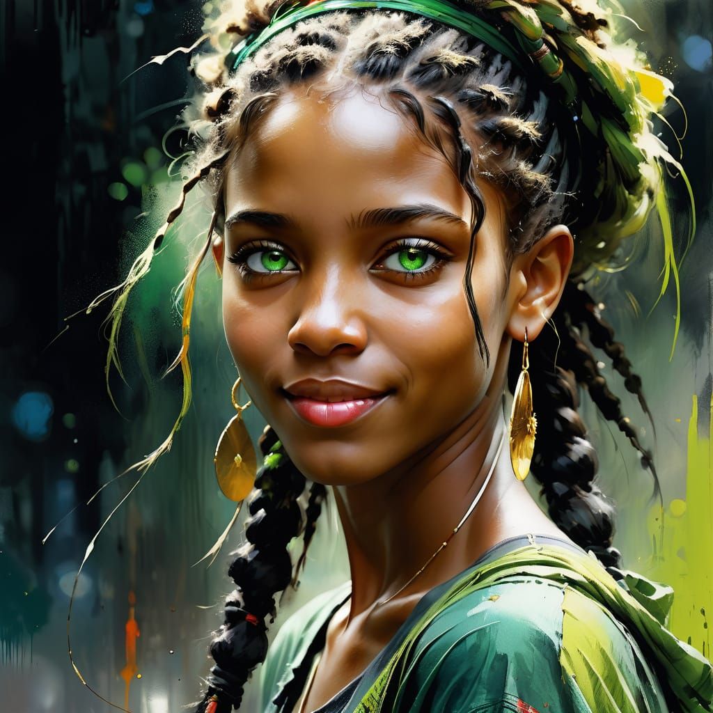 Watercolor Portrait of a Shy Black Woman in a Forest