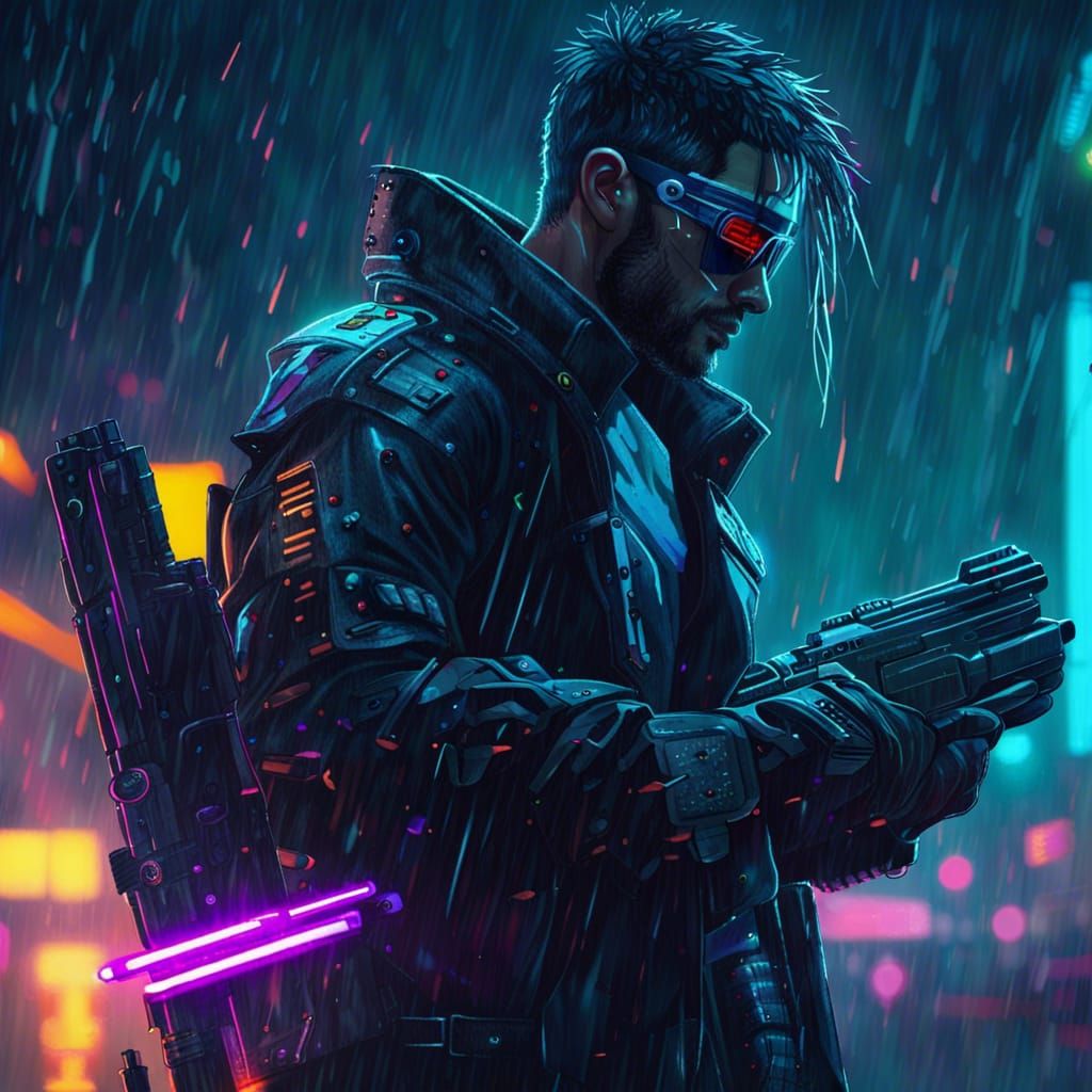 Cyborg Sniper in Rainy Cyberpunk Scene