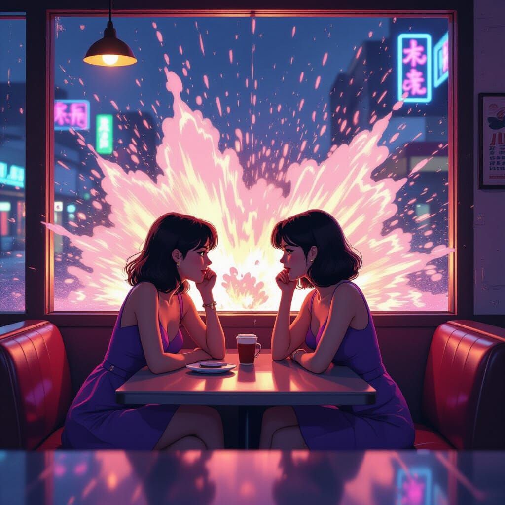 Synthwave Cafe Scene with Water Blast