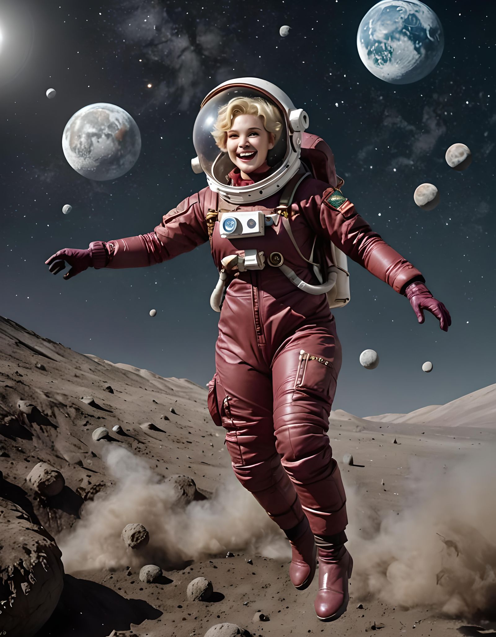 Voluptuous Blonde Astronaut Jumps on the Moon