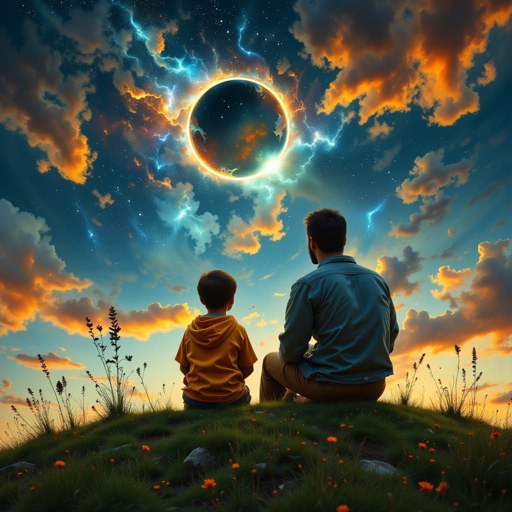 Father and Son Watch a Solar Eclipse