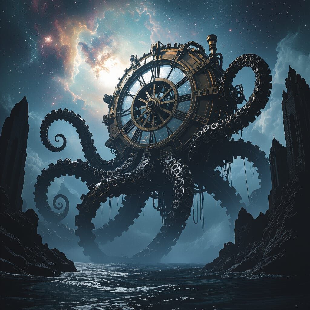Clockwork Kraken Emerges from Nebula Sea