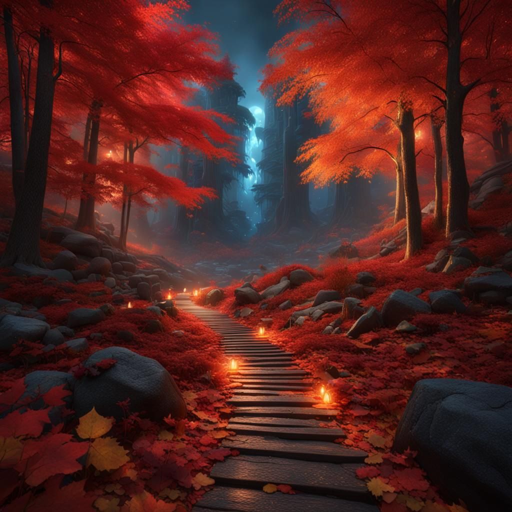 Bioluminescent Autumn Forest Trail in Digital Painting Style