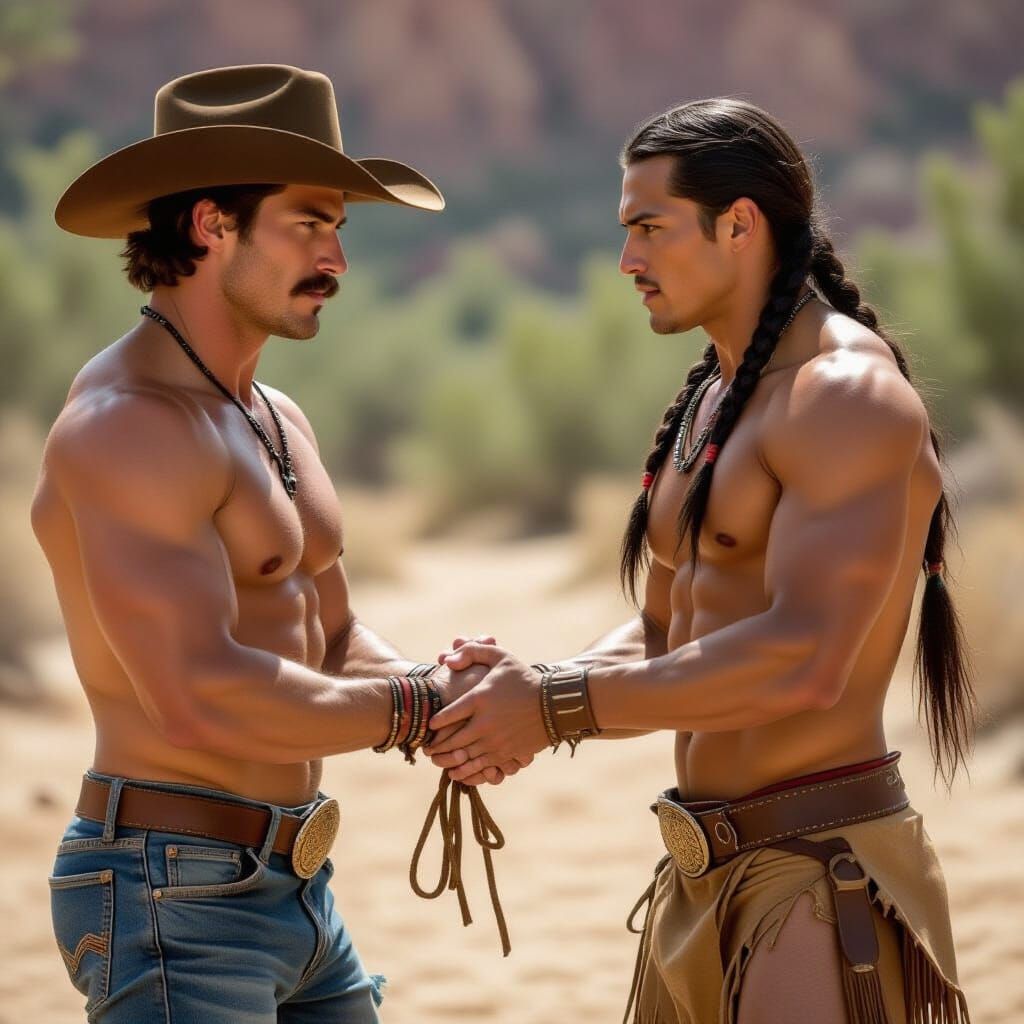 Cowboy vs Native American in Hand-Clasp Struggle