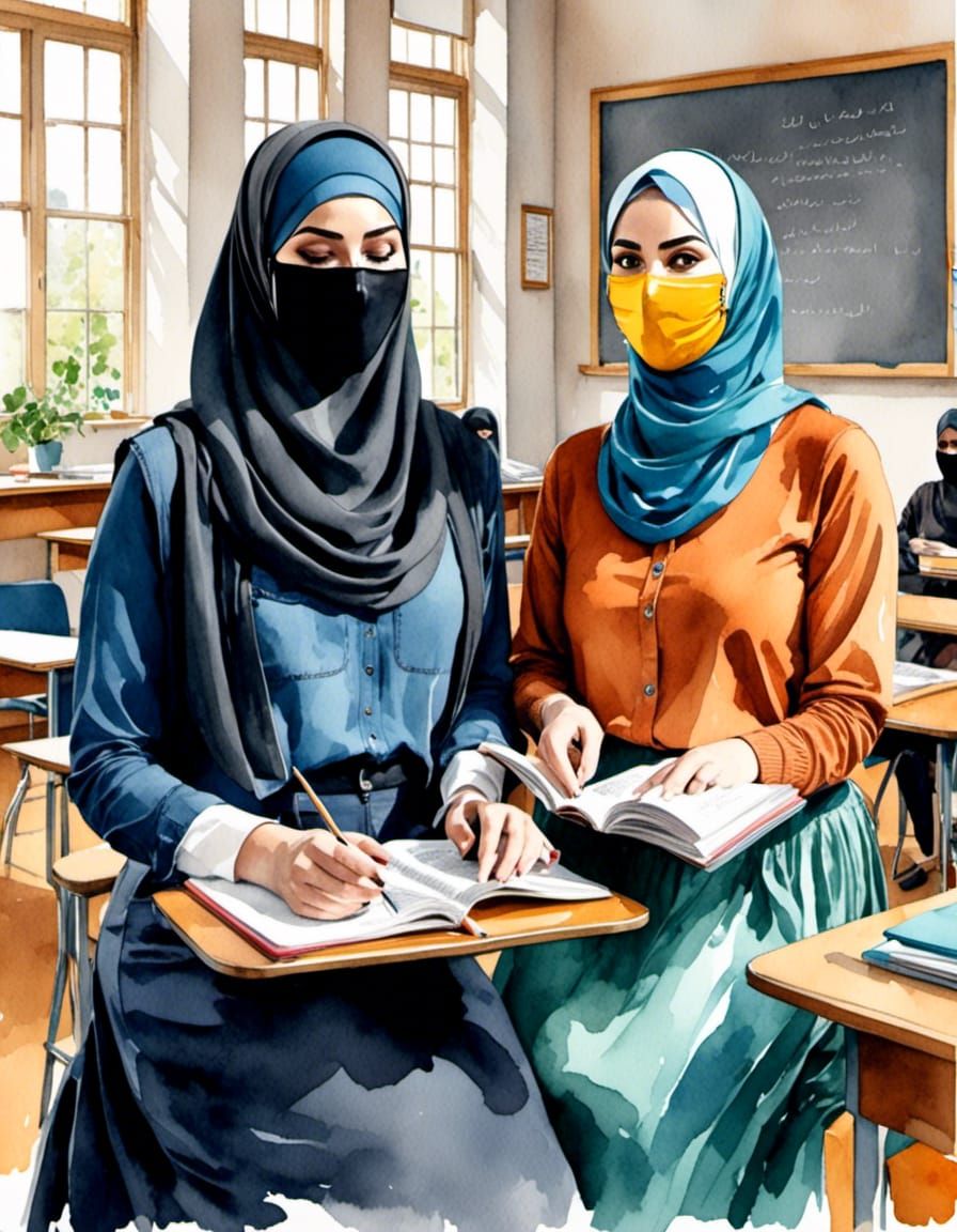 Niqabi Hijabi Teachers in Vibrant Watercolor Style
