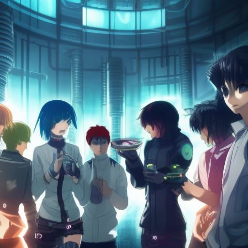 Cyberpunk Anime Group Enjoying Drinks