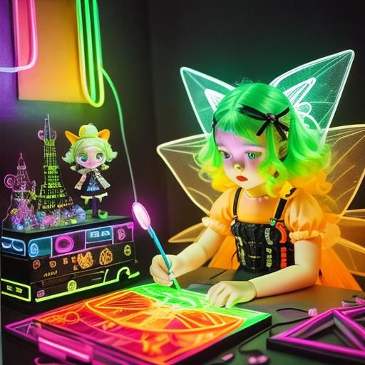 Surreal Rayograph with Rainbow Fairy and Cityscape