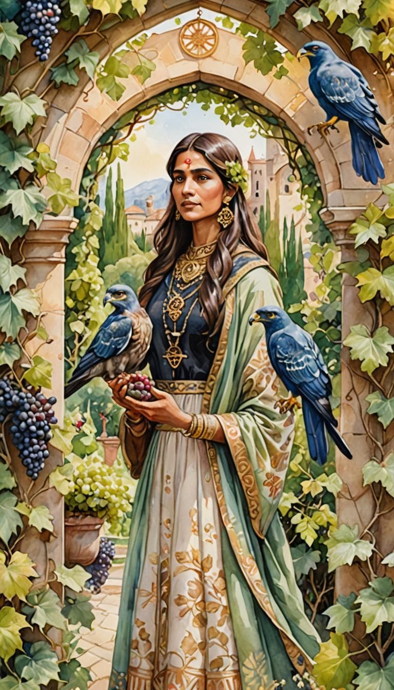 Nine of Pentacles: Indian Woman in Watercolor Garden