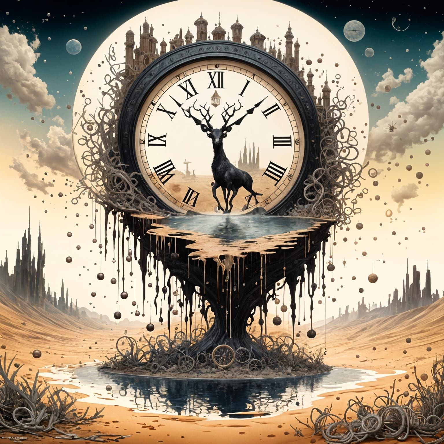 Surreal Clock Melts Over Desert Landscape