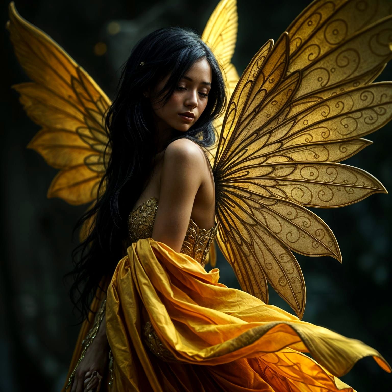 Whimsical Black Fairy with Golden Wings in Dreamlike Fantasy
