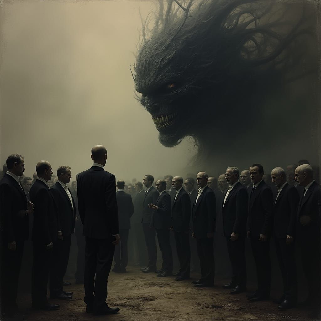 Eerie Crowd Scene with Devil's Shadow