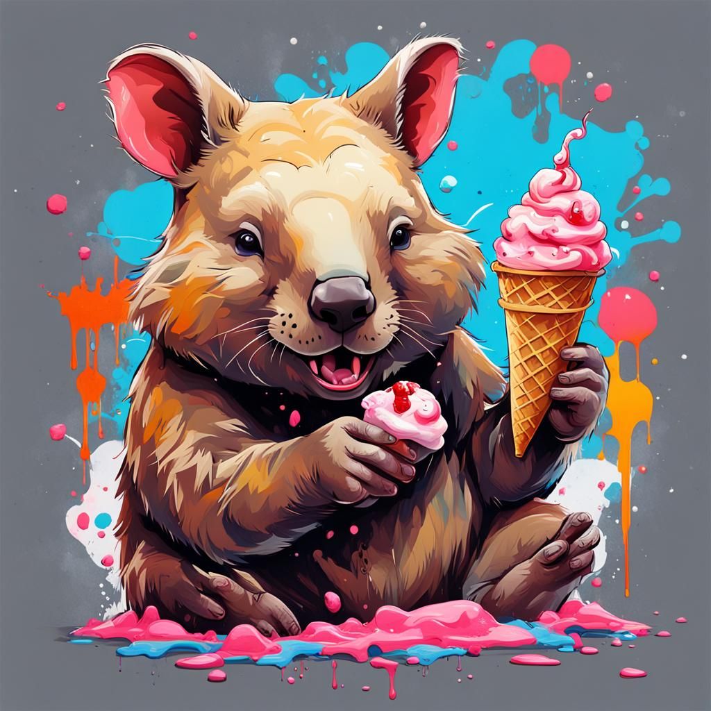 Wombat Eating Ice Cream in Graffiti Art Style