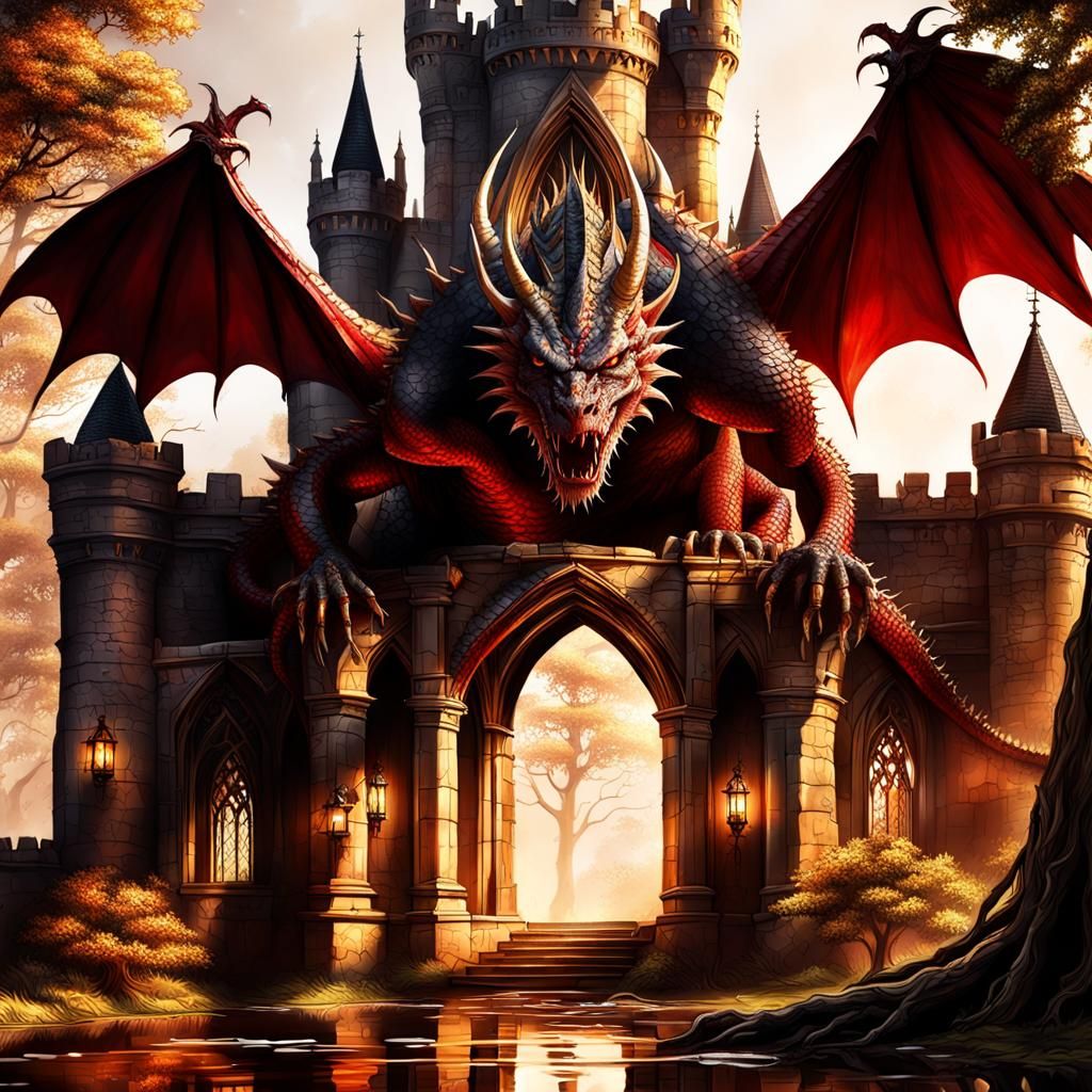 Gothic Castle with Red Dragon in Sunlight