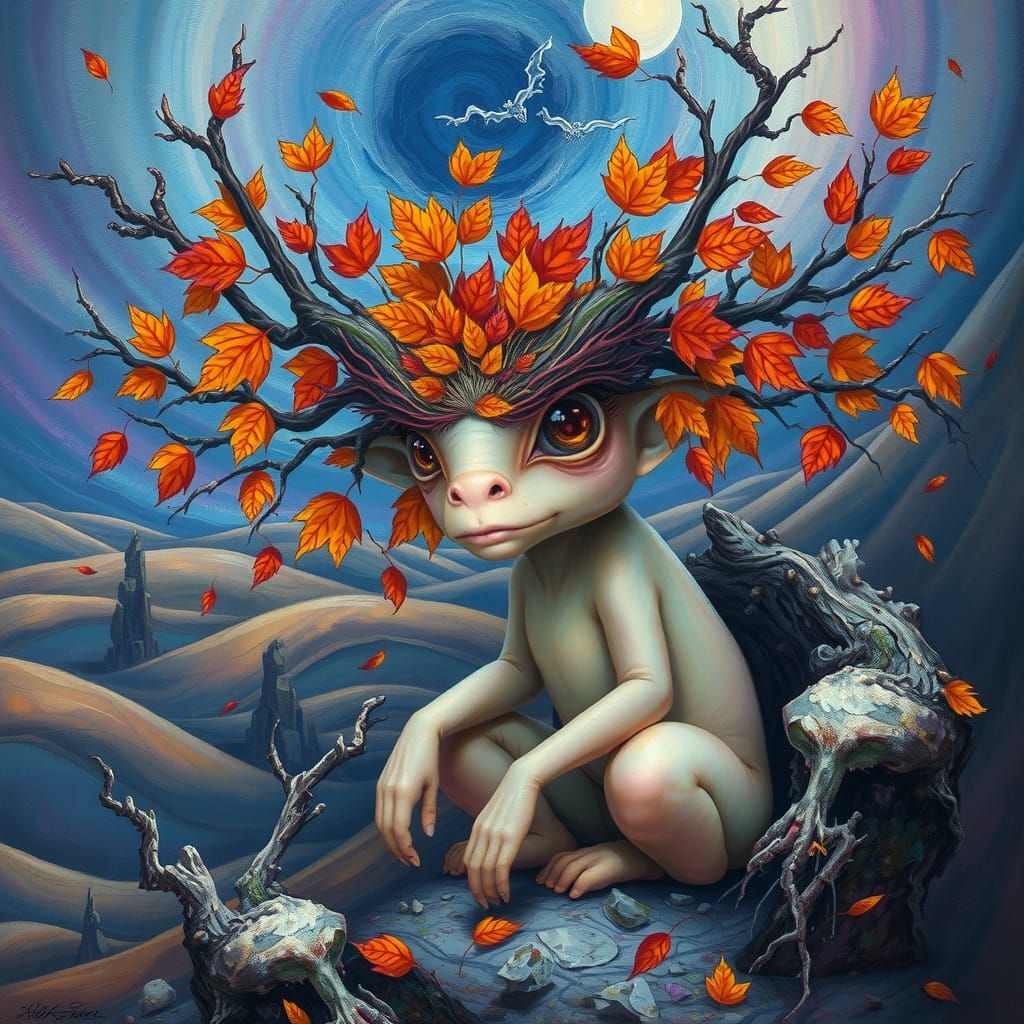 A surrealist painting featuring a fantastical being with eno...