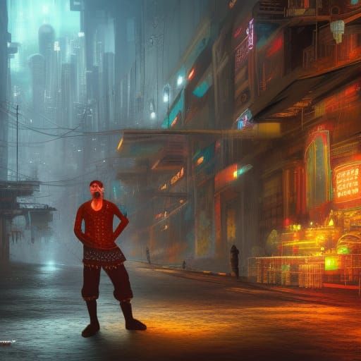 Romani Traveler at Cyberpunk Village Intersection