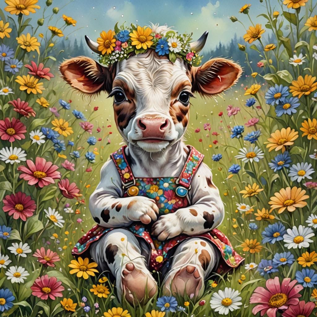 Whimsical Baby Cow in Wildflower Field