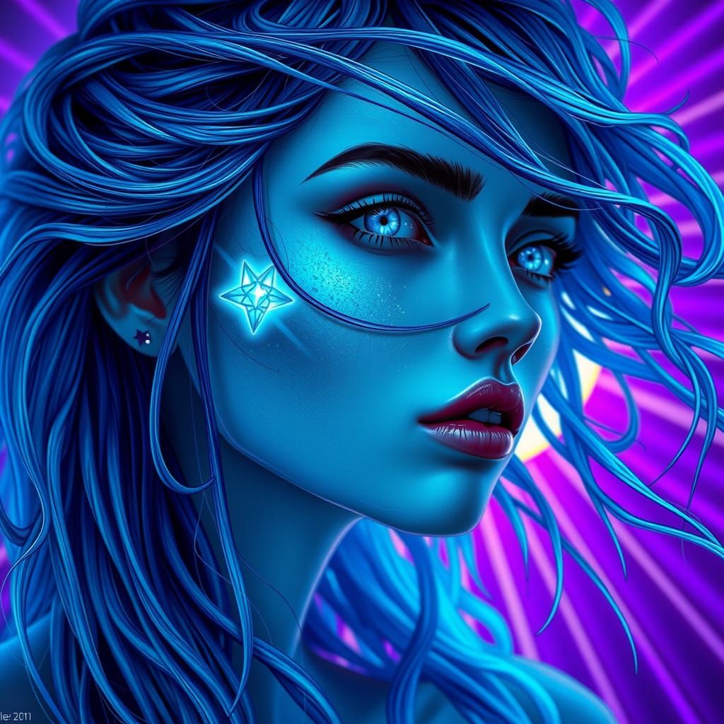 Ethereal Luminous Woman in Iridescent Blue with Glowing Hair...