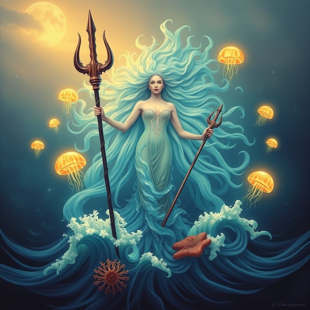 Ocean Goddess Rises from Sea with Coral Trident