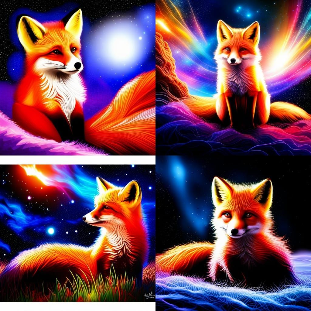 baby fox watching stars in sky, constellations, milky way, h...