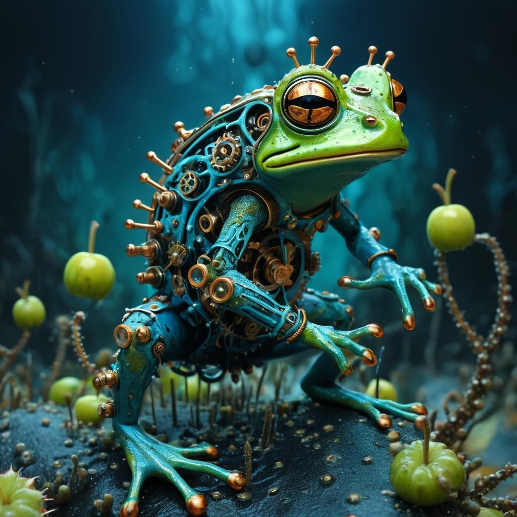 Steampunk Frog Dances on Bioluminescent Cactus
