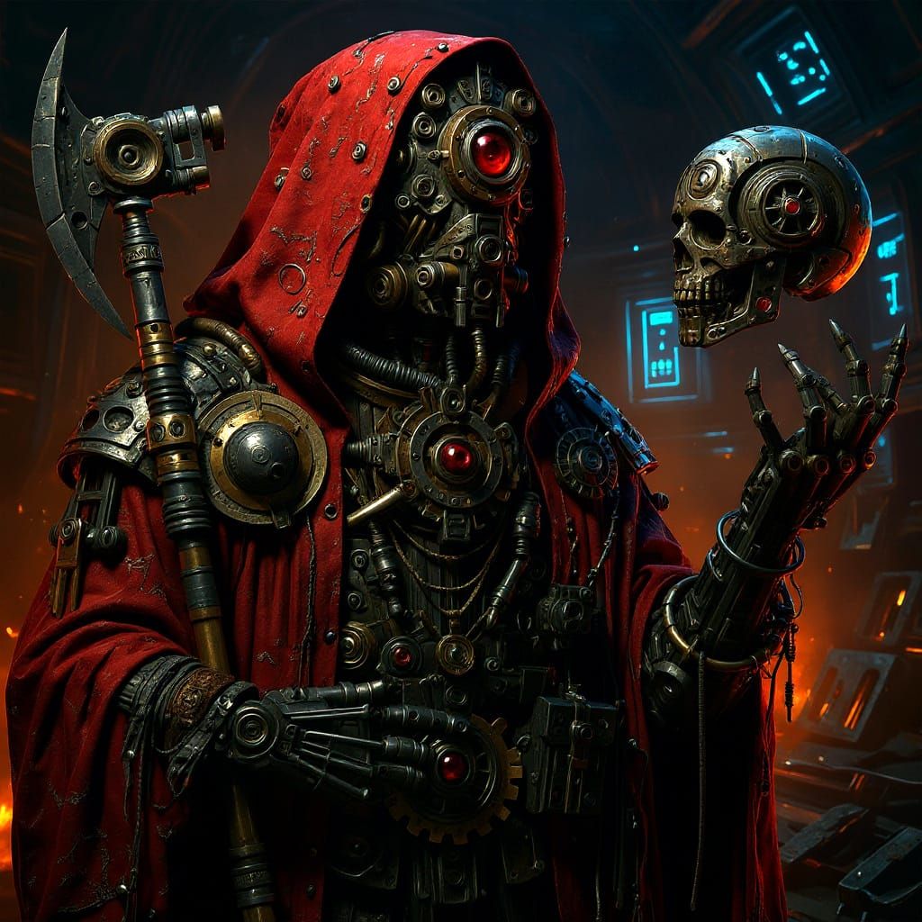 Grim Tech-Priest of Mars in Maximalist Fantasy Art