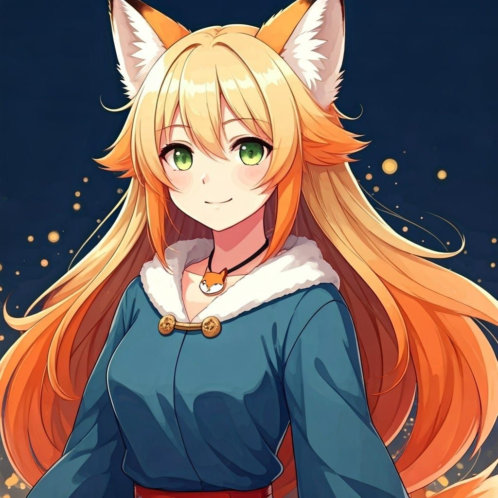 Anime Woman with Fox Ears and Ombre Hair