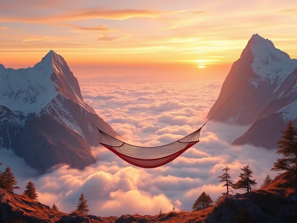 Peaceful Hammock Over Clouds in Golden Hour Light