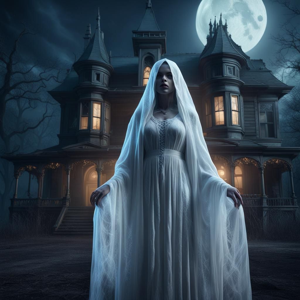 Ghost Woman in Moonlight Before Haunted House