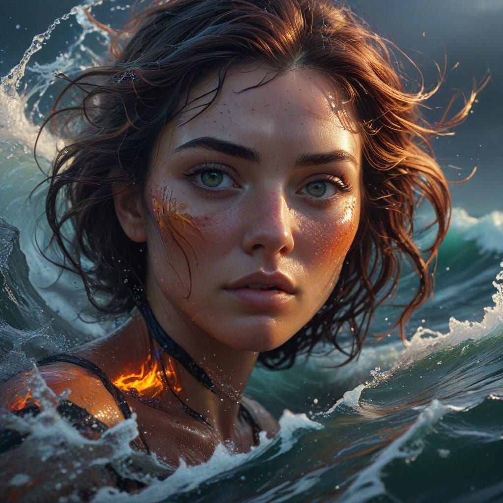 Dramatic Storm Trapped in Glass, Hyperrealistic Woman's Prof...