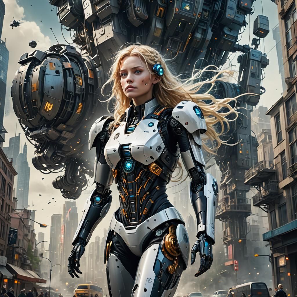 Futuristic Robot Woman in Aerodynamic Cityscape